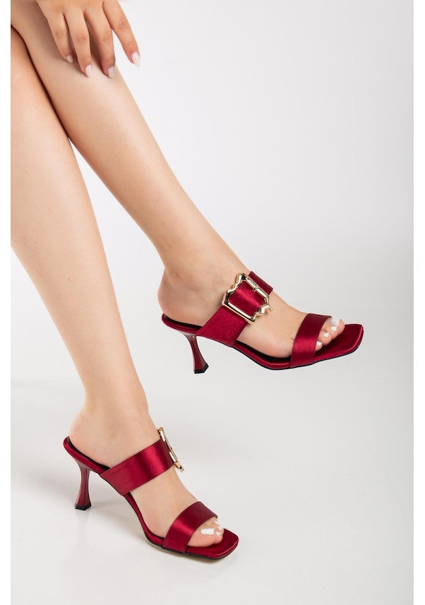 Resim Kadın Topuklu Terlik Bordo Saten Tek Bant Aksesuarlı-3965 Bordo 