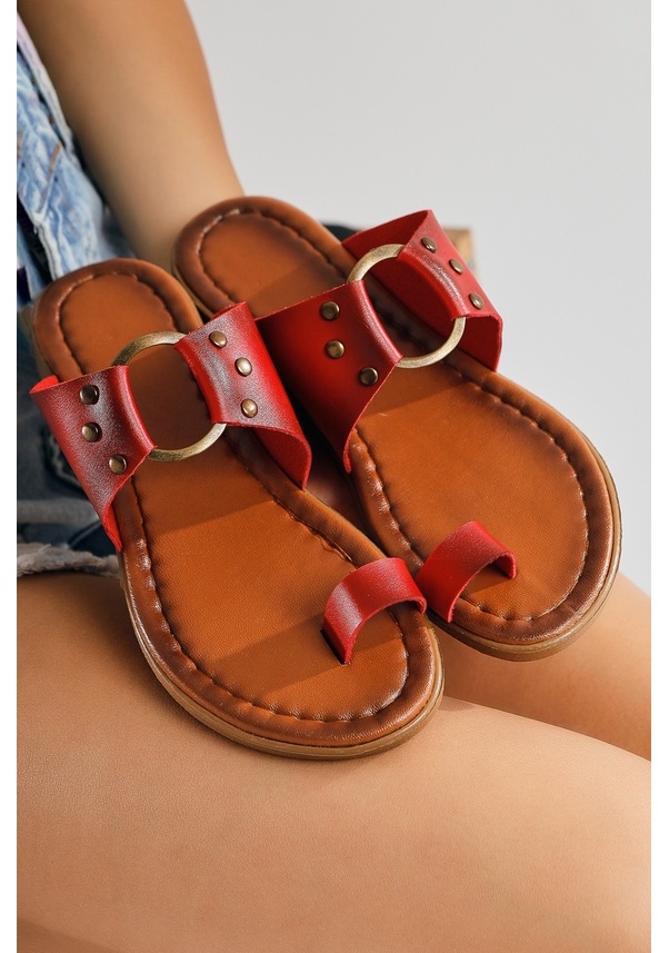 Resim Hakiki Deri Bitania Kırmızı Parmak Arası Terlik 001 