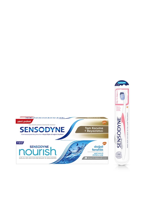 Sensodyne Nourish Doğal Ferahlık Diş Macunu 75 ML + Tam Koruma Beyazlatıcı 50 ML + Diş Fırça