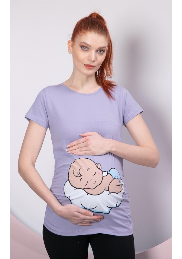 Gör&Sin Uyuyan Erkek Bebek Baskılı Hamile Lila Tişört - Lila
