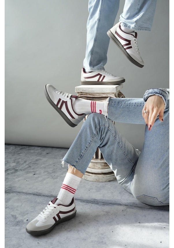 Resim Muggo Garcia Garantili Unisex Ortopedik Günlük Bağcıklı Yürüyüş Koşu Sneaker Spor Ayakkabı Bordo - Beyaz 