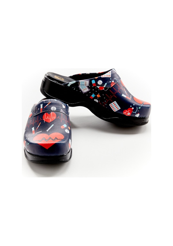 Resim Kalp Ritmi Desenli Hakiki Deri Sabo Kadın Terlik Lacivert 