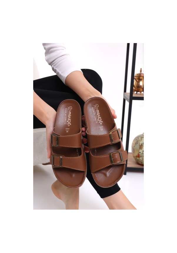 Resim Mlx 10651 Çift Toka Kadın Terlik Comfort Anatomik Kadın Ev Dışarı Terliği - Taba 