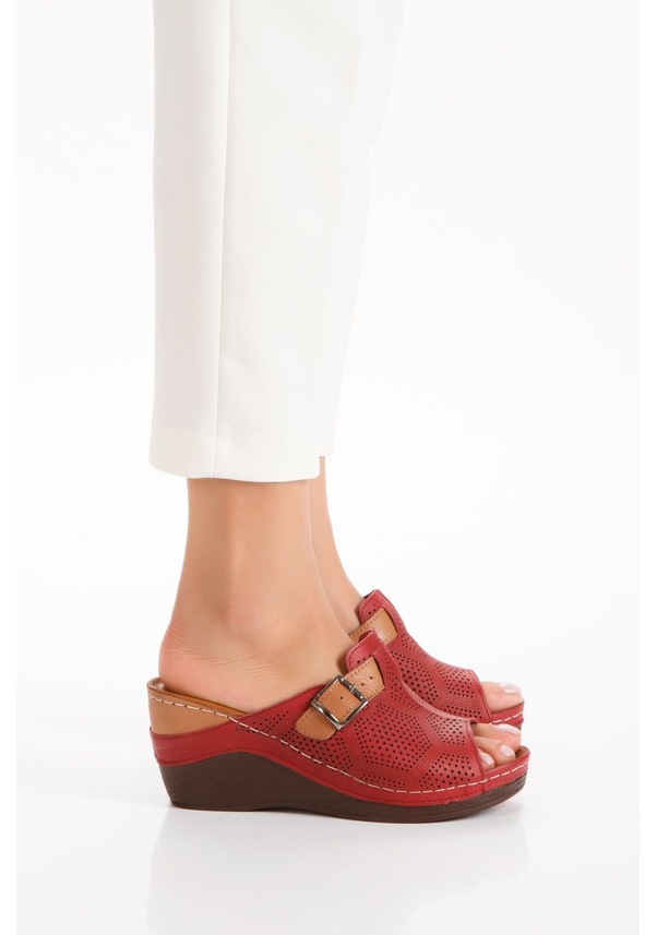 Resim İç Dış Hakiki Deri Dolgu Taban Bordo Kadın Terlik Bordo 