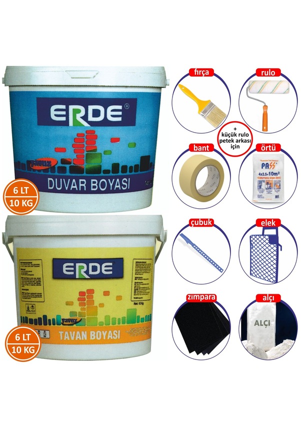 Erde Yavuz Su Bazlı Duvar Boyası 10Kg+Tavan Boyası 10Kg+9 Parça S Erde Yavuz Su Bazlı Duvar Boyası 10Kg+Tavan Boyası 10Kg+9 Parça S