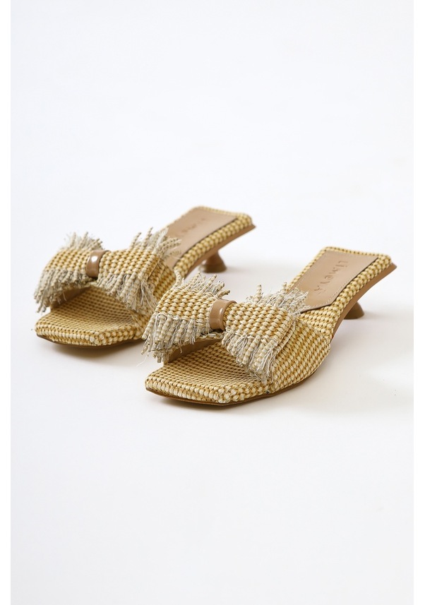 Resim Tonka Nud Hasır Fiyonk Bantlı Kısa Topuklu Terlik 001 