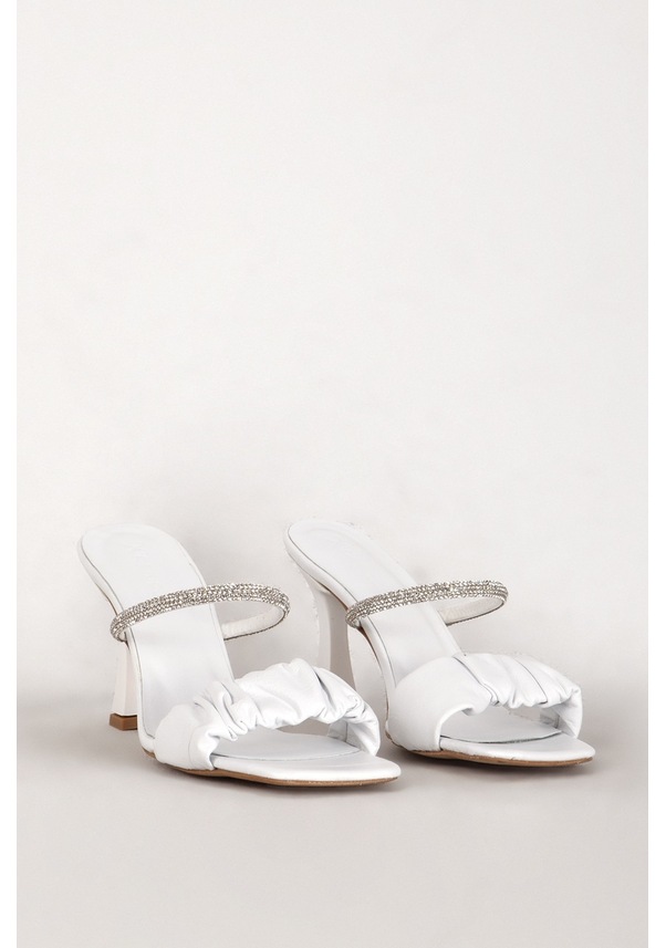 Resim Dericlub 7716 Gerçek Deri Kadın Taşlı Topuklu Terlik Beyaz 