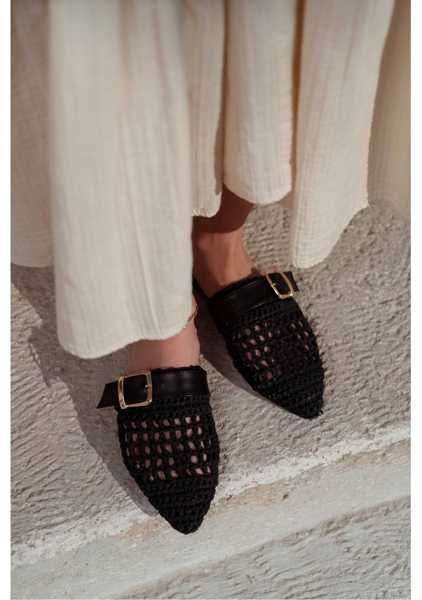 Resim Best Siyah Örgü Kemer Detay Düz Taban Kadın Terlik Siyah 
