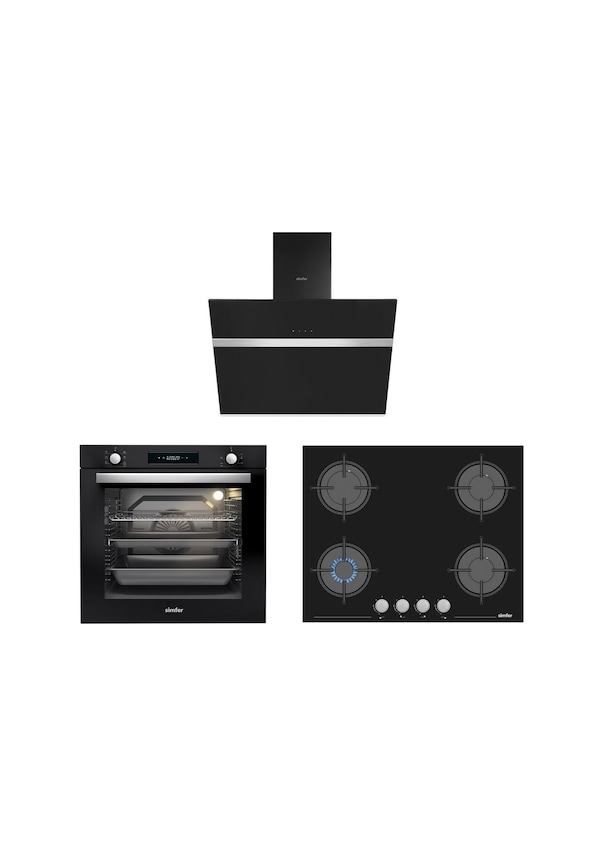 Resim Simfer 8 Fonksiyon Siyah Multi Turbo Dijital 3'lü Ankastre Set (7381 Fırın + 3653 Ocak + 8611 Davlumbaz) 