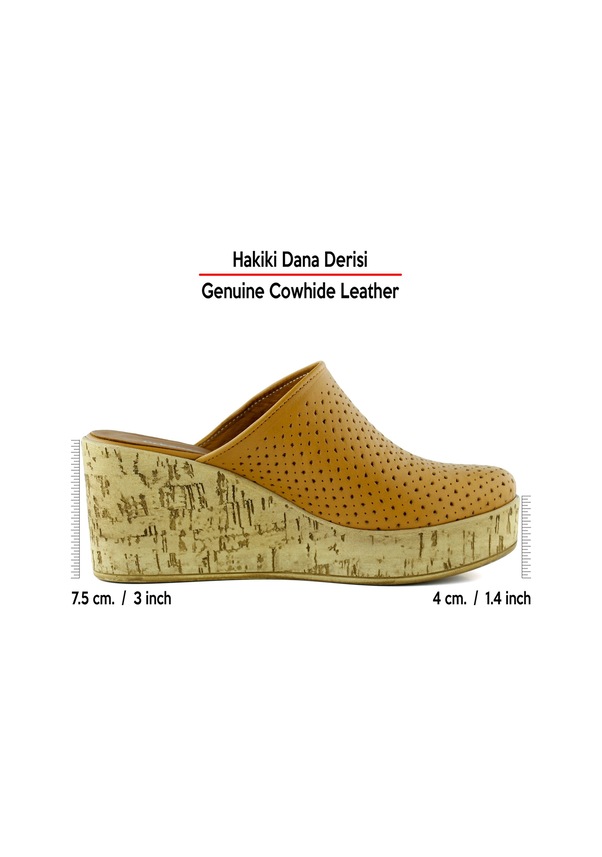 Resim Erkan Saçmacı Aria Taba Hakiki Dana Derisi Önü Kapalı Mantar Taban Görünümlü Dolgu Topuklu Terlik Taba 