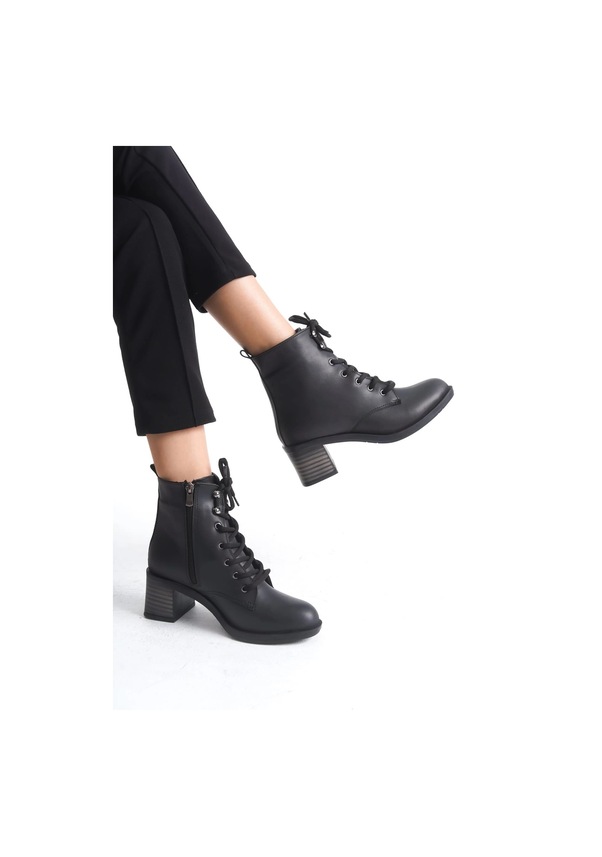 Resim Lena Bağcıklı Fermuarlı Ortopedik Taban Topuklu Kadın Bot Cst - Siyah Siyah 