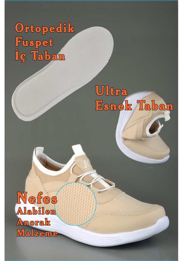 Resim Unisex Kaliteli Taban Ortopedik Bağcık Görünümlü Streç Krem Spor Ayakkabı Jazz Krem 