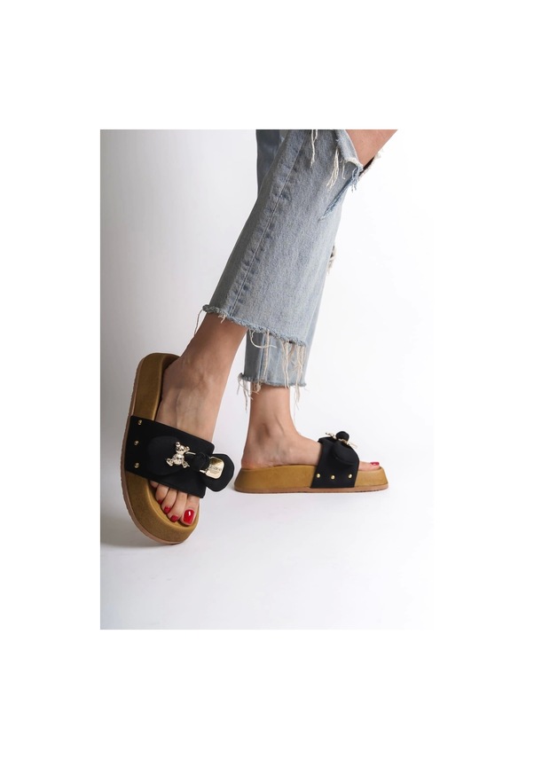 Resim Dıla Kalın Ve Ortopedik Taban Ayıcıklı Saten Kadın Terlik Kt - Siyah Siyah 