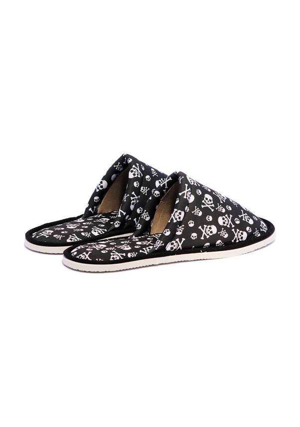 Resim Erkek Siyah Kurukafa Desenli Yumuşak Tabanlı Ev Terlik Siyah 