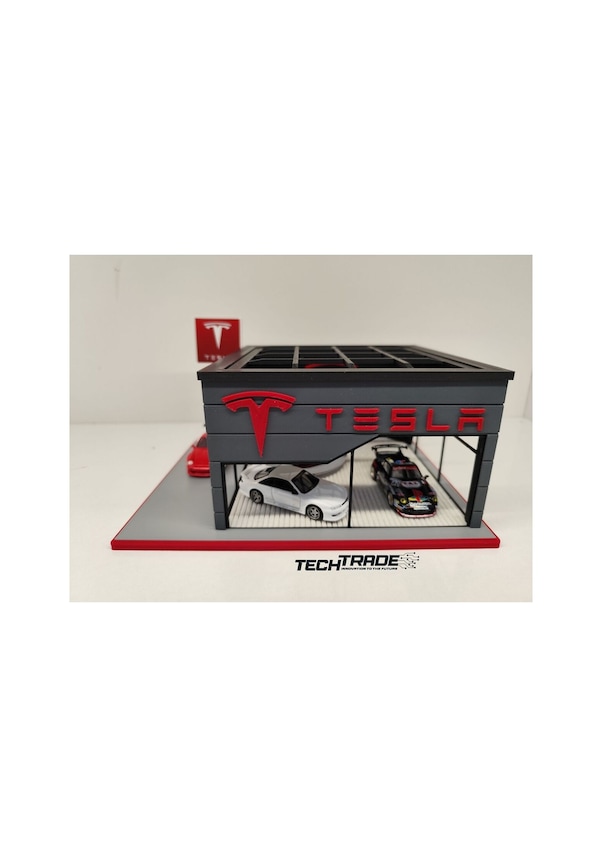 Resim Tesla Diecast Showroom Garaj Diorama 1:64 Ölçek 