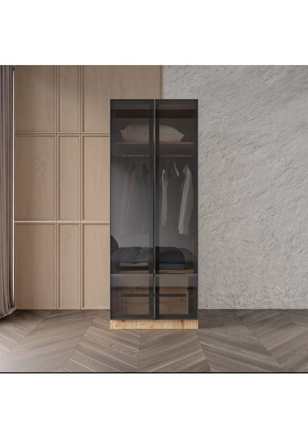 Resim Altay 2 Çekmeceli Giyinme Dolabı Led Askılıklı Tamamı Mdf Füme Camlı Safirmeşe 