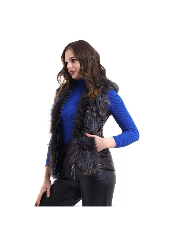 Resim Kadın Fermuarlı Koyun Derisi Tilki Kürkü - Siyah Siyah 