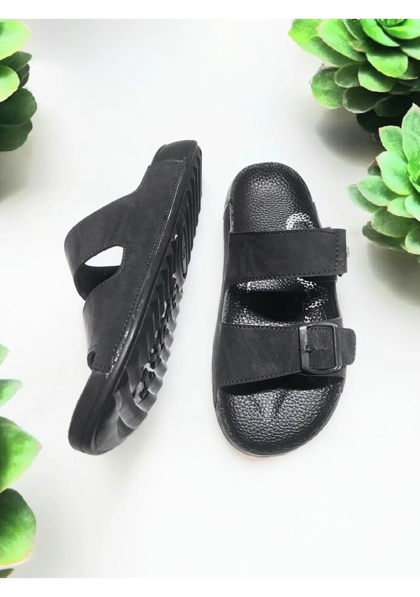 Resim Tokalı Ve Cırtlı Class Rahat Taban Ev Ve Dışarı Terliği Siyah 