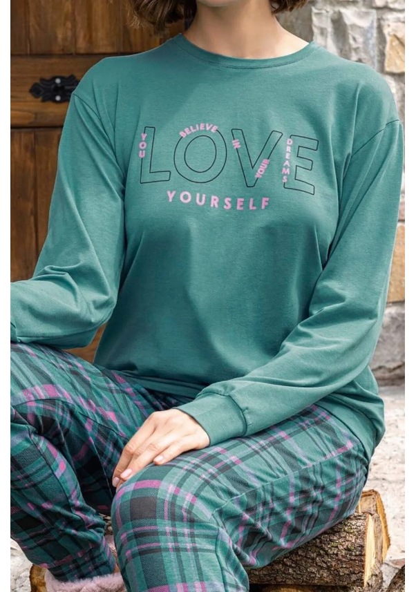 Resim Aydoğan Kadın Pijama Takımı Uzun Kollu Pamuklu Mevsimlik Yeşil 