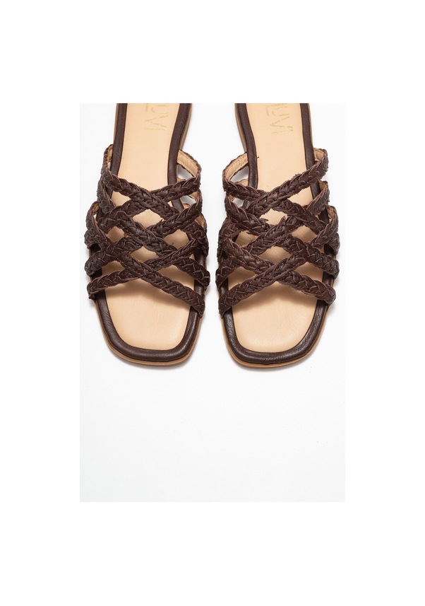 Resim Luvi Shoes Alısha Kahverengi Hakiki Deri Örgü Bantlı Kadın Terlik Kahverengi 