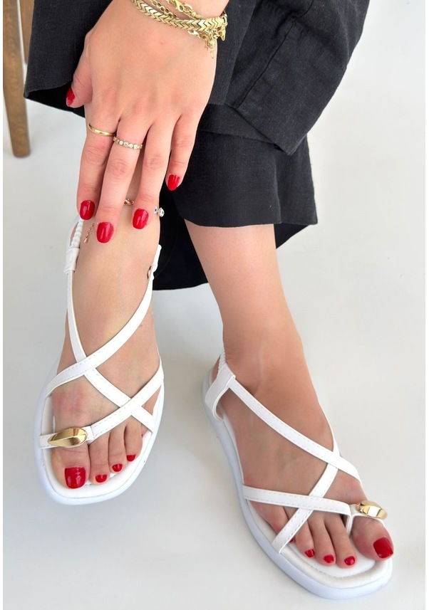 Resim Pabucmarketi Beyaz Parmak Arası Kadın Düz Sandalet Çok Renkli 