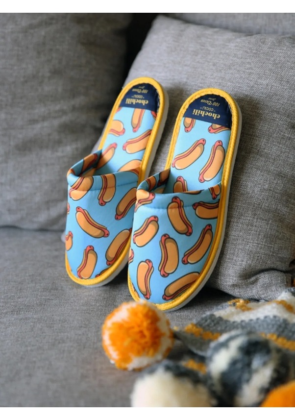 Resim Kadın Hotdog Desenli Mavi Ev Terliği Yumuşak Taban Mavi 