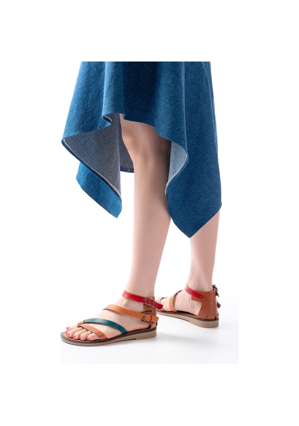 Resim 205-039 Taba Multi Bilekten Bağlamalı Parmak Arası Kadın Sandalet Altın - Taba 