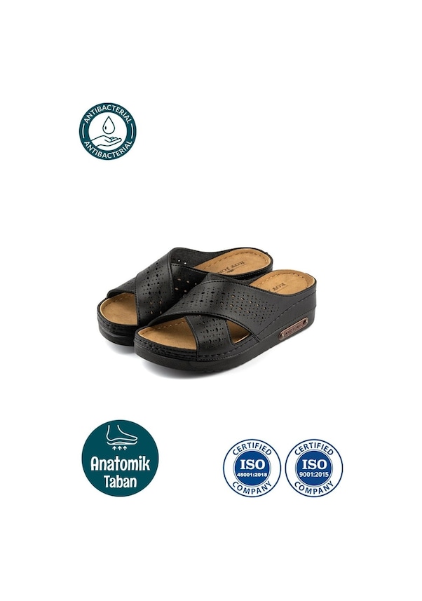 Resim Kadın Ortopedik Yumuşak Tabanlı Terletmeyen Çift Bantlı Hasır Tipi Delikli Rahat Anne Ev İçi Terliği Siyah 