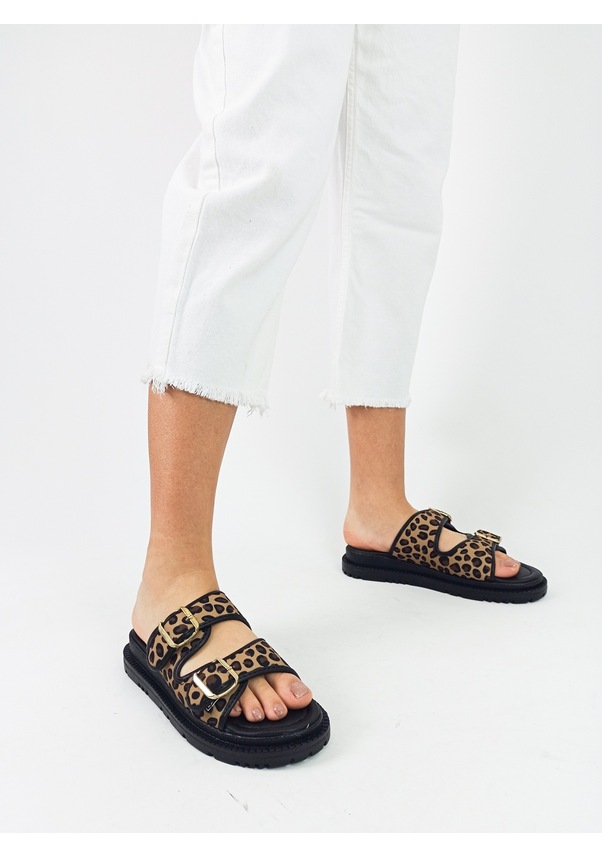 Resim Siyah Renk Leopar Desen Düz Taban Kadın Terlik Siyah 