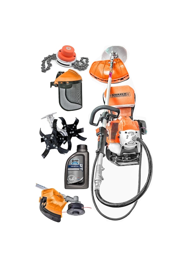 Resim Swazer Sırt Tipi Benzinli Motorlu Tırpan Biçme Makinesi + Çapa Aparatı + Canavar Başlık+ 2T Yağ 