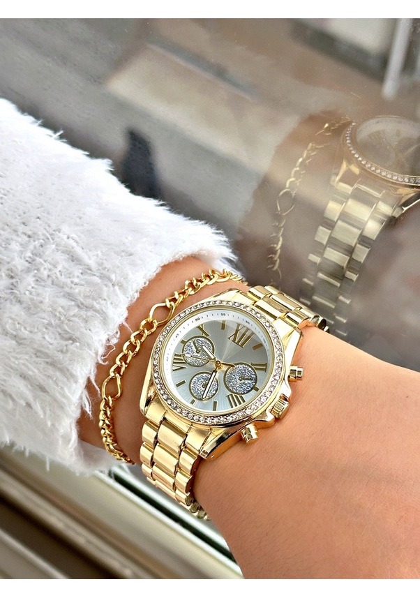 Resim Full Taşlı Şık Tasarım Exclusive Serisi Roma Rakamlı Kadın Kol Saati-bileklik Hediyeli Sarı 