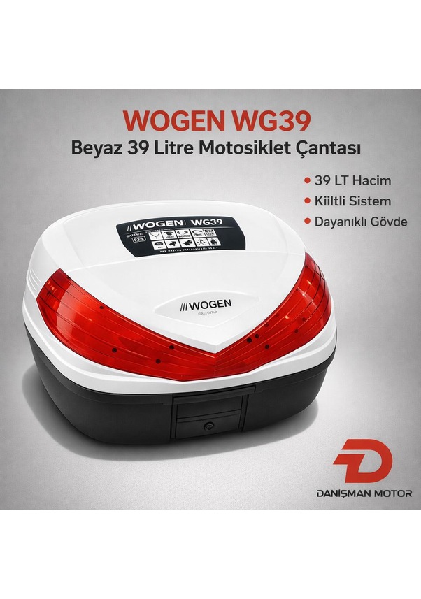 Resim Wogen Wg39 Beyaz 39 Litre Motosiklet Arka Çanta Topcase Kilitli Sistem Beyaz 