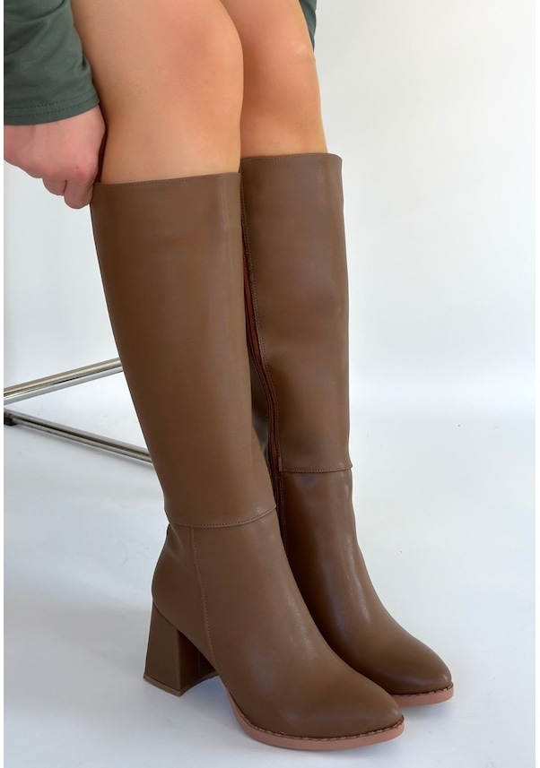 Resim Düz Yandan Fermuarlı Diz Altı Çizme Bej Topuk Boyu 7 Cm Vizon 