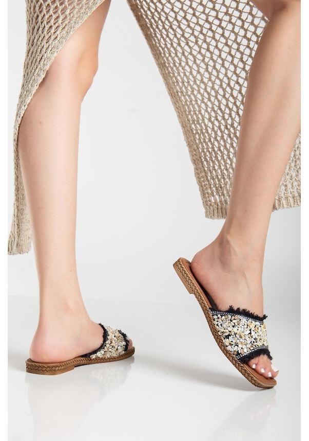 Resim Kadın Düz Topuklu Terlik Siyah Taşlı Püsküllü Kalın Tekbant-3922 Siyah 