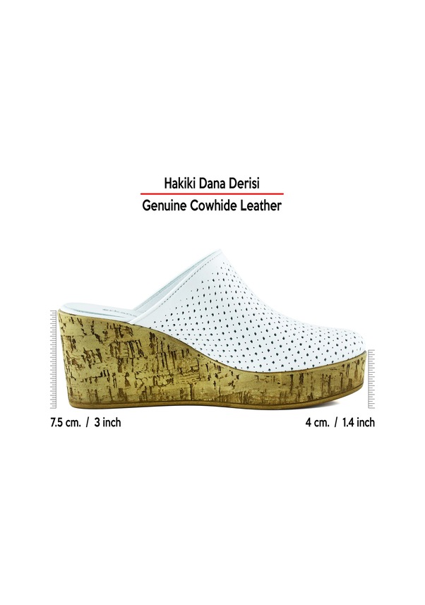 Resim Erkan Saçmacı Aria Beyaz Hakiki Dana Derisi Önü Kapalı Mantar Taban Görünümlü Dolgu Topuklu Terlik Beyaz 