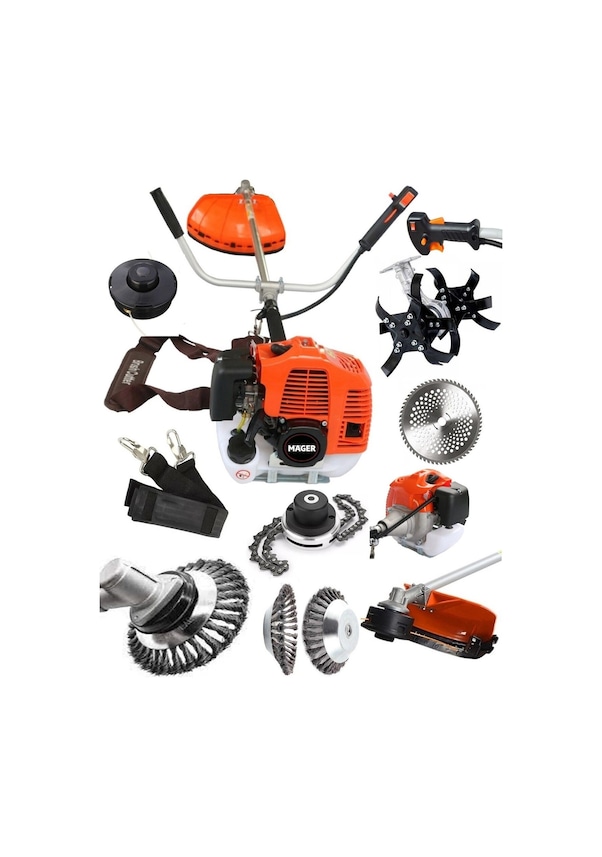 Resim Mager 52 cc 9,9 Hp Benzinli Çim Biçme Tırpan Makinası Çapa Aparatlı 4 Başlık Full+Full 