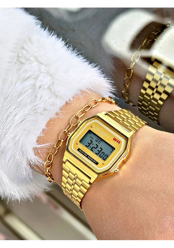 Resim Retro Özel Serisi Metal Kordon Digital Kol Saati-bileklik Hediyeli Sarı 