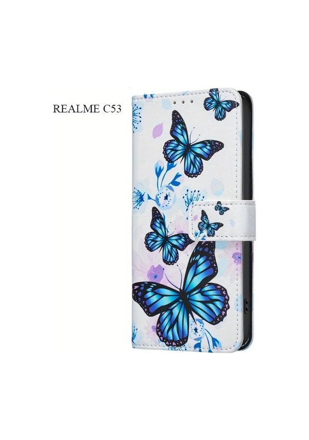 Resim Sunshine022 Realme C53 İçin Mavi Kelebek Desenli Sentetik Deri Modaya Uygun Basit Cüzdan Kılıf 