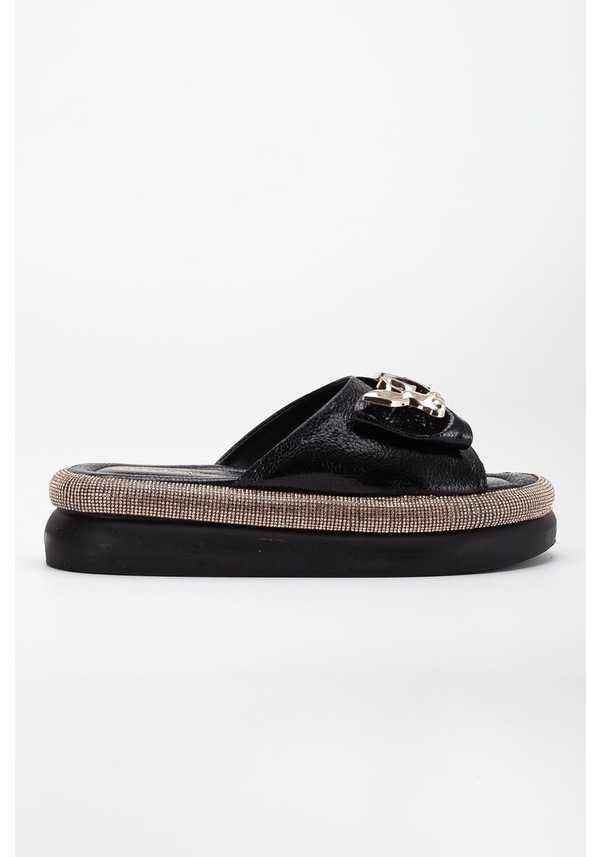 Resim Kadın Taşlı Dolgu Topuk Terlik Siyah Metal Tavşan Aksesuarlı -3757 Siyah 