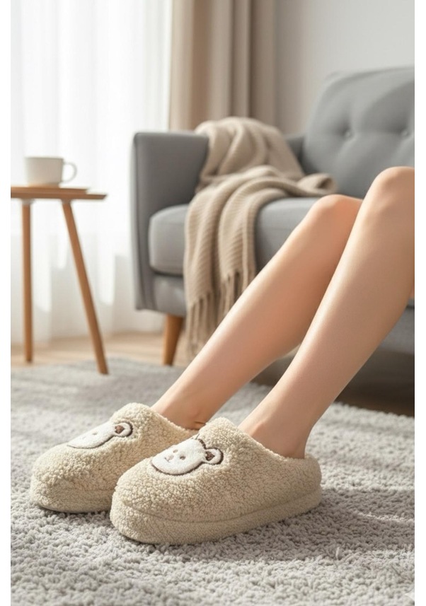 Resim Ft 103 Panda Nakışlı Kadın Ev Terliği Peluş Terlik Çeyiz Ve Bohça Terliği Ses Yapmaz Kalın Taban Krem 