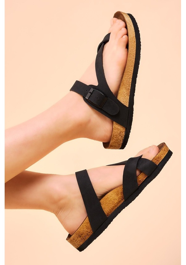 Resim Rahat Kalıp Poli Taban Çapraz Model Nubuk Kadın Siyah Parmak Arası Terlik Tber520 Siyah 