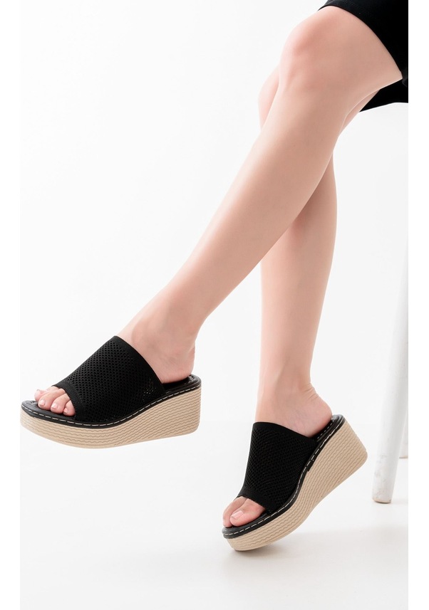 Resim 232-460 Siyah Triko Günlük Ortopedik Dolgu Topuk Kadın Terlik Beyaz 