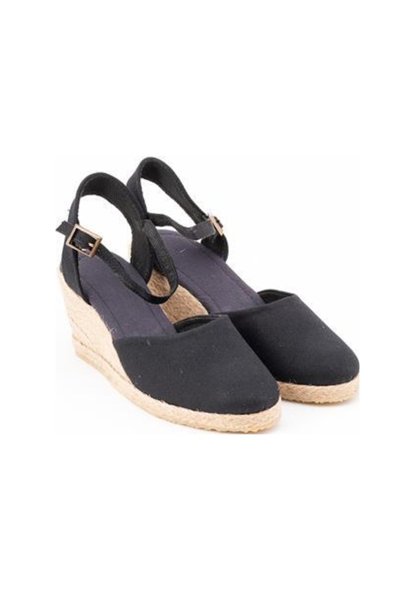Resim Topuğu Açık Bilekten Bantlı Dolgu Topuk Bayan Siyah Keten Hasır Espadril Siyah 