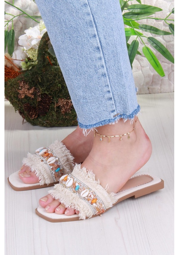 Resim Fort 3572 Keten Bonçuk Taş Detaylı Tatil Terliği Günlük Terlik Kadın Terlik Bej 