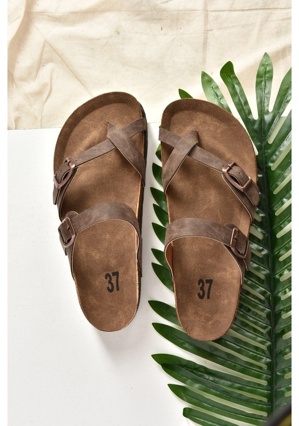 Resim Fox Shoes Kahverengi Süet Parmak Arası Kadın Terlik K777613402 