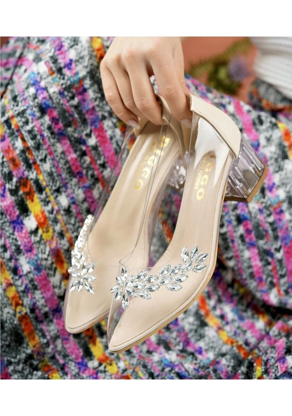 Resim Gümüş Şeffaf Taşlı Ten Rengi Abiye Ayakkabı - 5 Cm İnce Topuklu Şık Davet Ayakkabısı Bej 