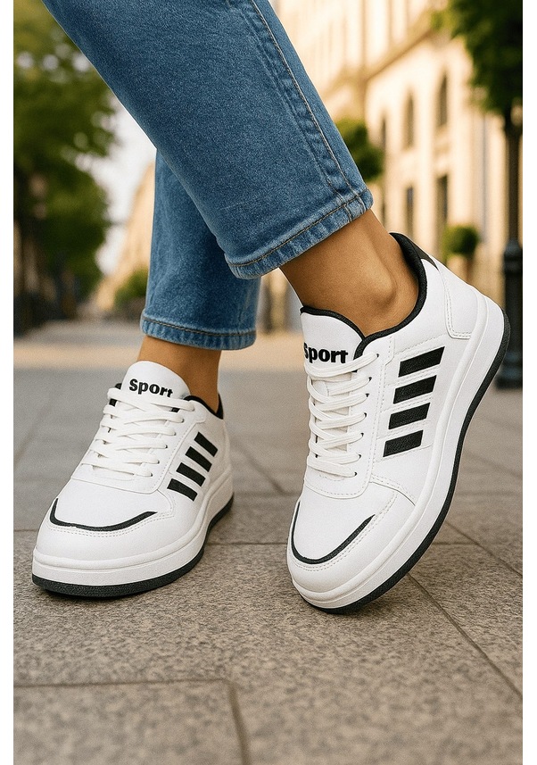 Resim Günlük Unisex Sneaker Spor Ayakkabı Bağcıklı Çizgi Detaylı Rahat Hafif Bağcıklı Tırtık Taban St-331 - 3438 Beyaz - Siyah 