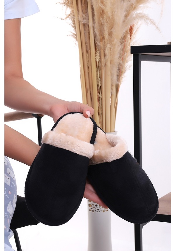 Resim Wordex U050 Unisex Kışlık Ev İçi Terliği Kürklü Yünlü Terlik Siyah 