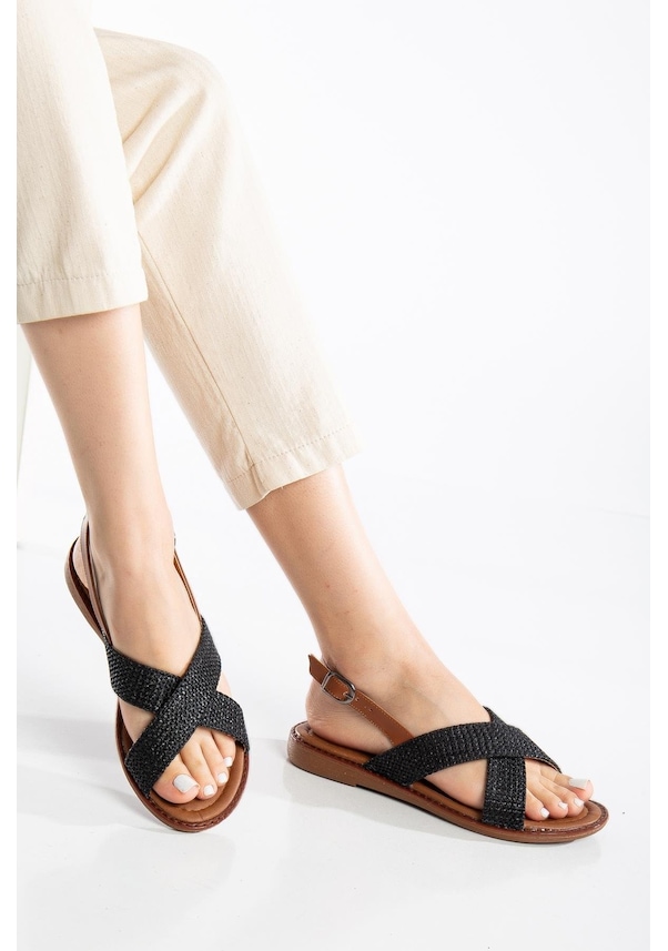 Resim Kadın Düz Topuklu Sandalet Siyah Hasır Çapraz Bantlı-3835 Siyah 