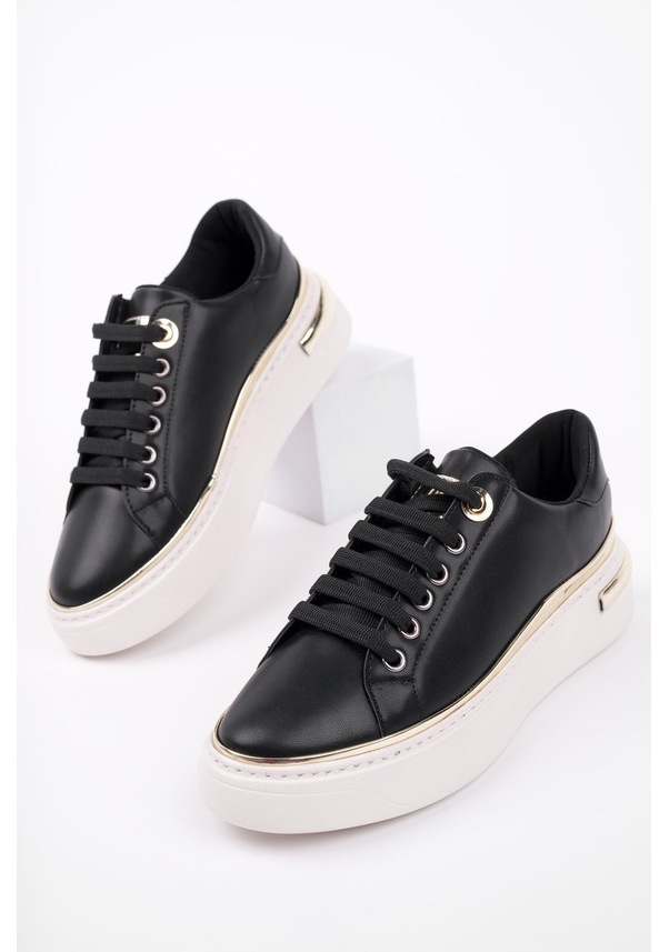 Resim Muggo Svetlana İnce Şerit Detaylı Bağcıklı Günlük Kadın Sneaker Spor Ayakkabı Siyah 